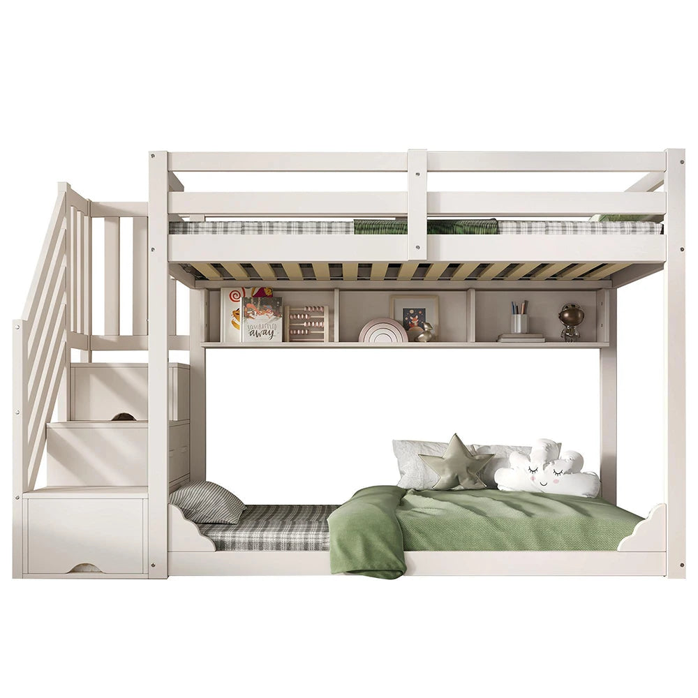 Platzsparendes Etagenbett-Hausbett mit Dach, Treppe und Schubladen Lilla Kids