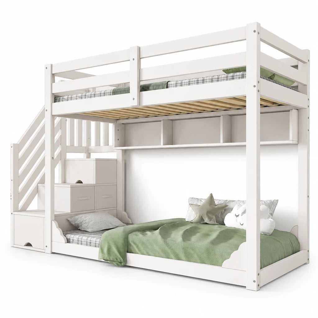 Platzsparendes Etagenbett-Hausbett mit Dach, Treppe und Schubladen Lilla Kids