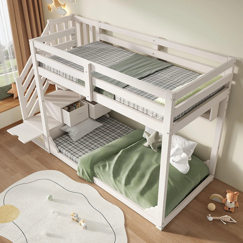 Platzsparendes Etagenbett-Hausbett mit Dach, Treppe und Schubladen Lilla Kids