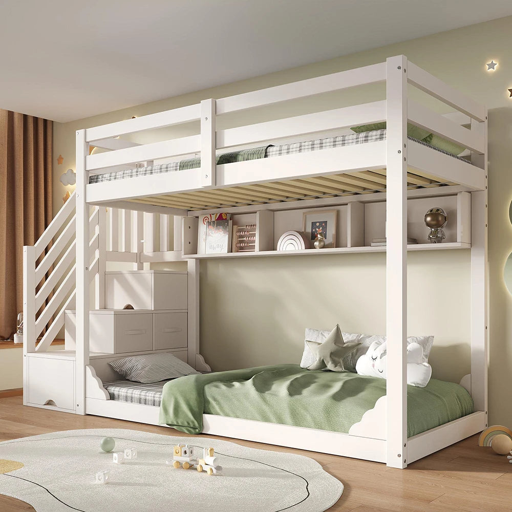 Platzsparendes Etagenbett-Hausbett mit Dach, Treppe und Schubladen Lilla Kids