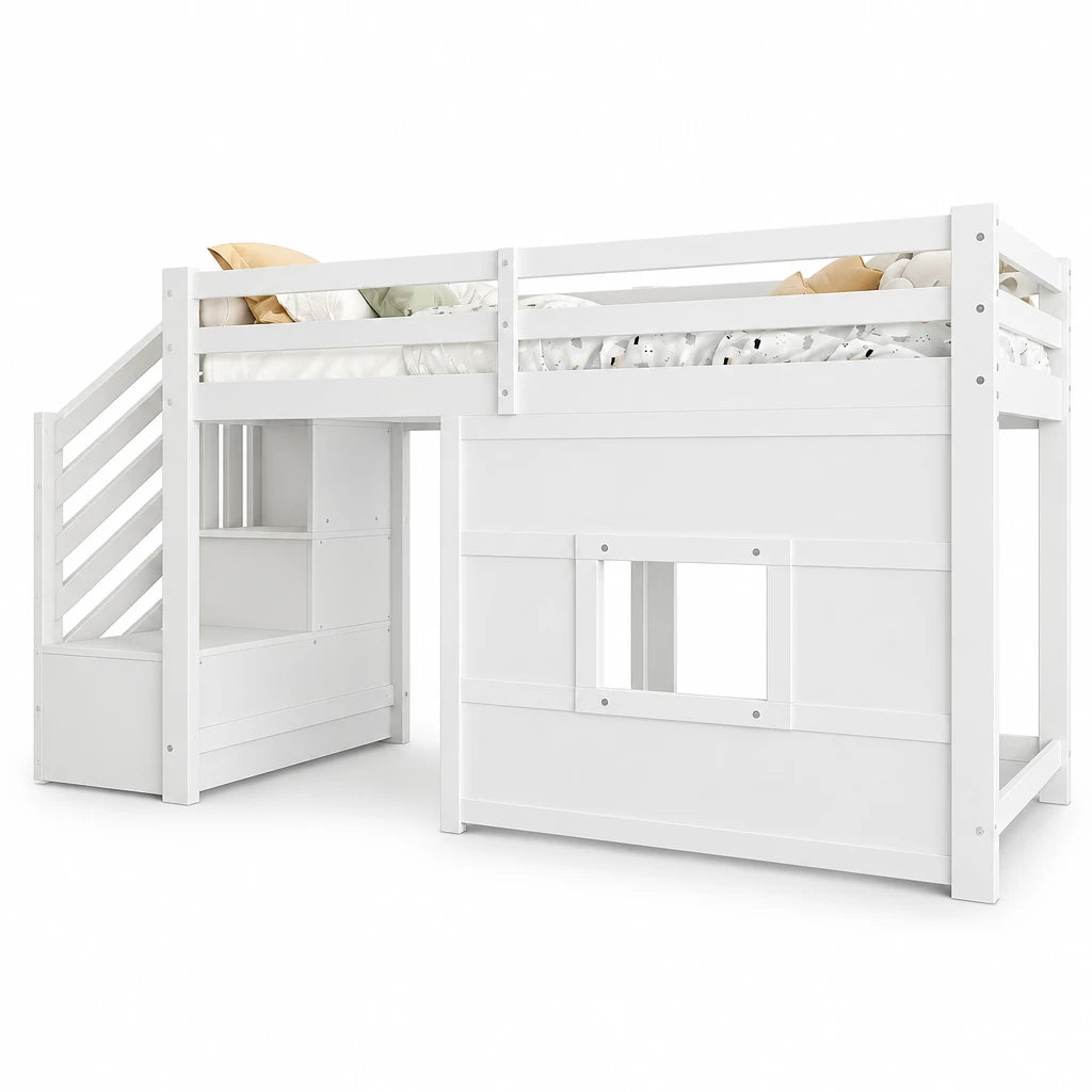 Platzsparendes Hochbett mit Treppe und Fenster 90x200 Lilla Kids