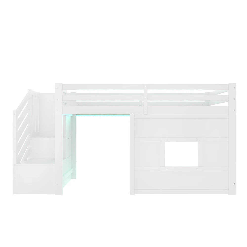 Platzsparendes Hochbett mit Treppe und Fenster 90x200 Lilla Kids