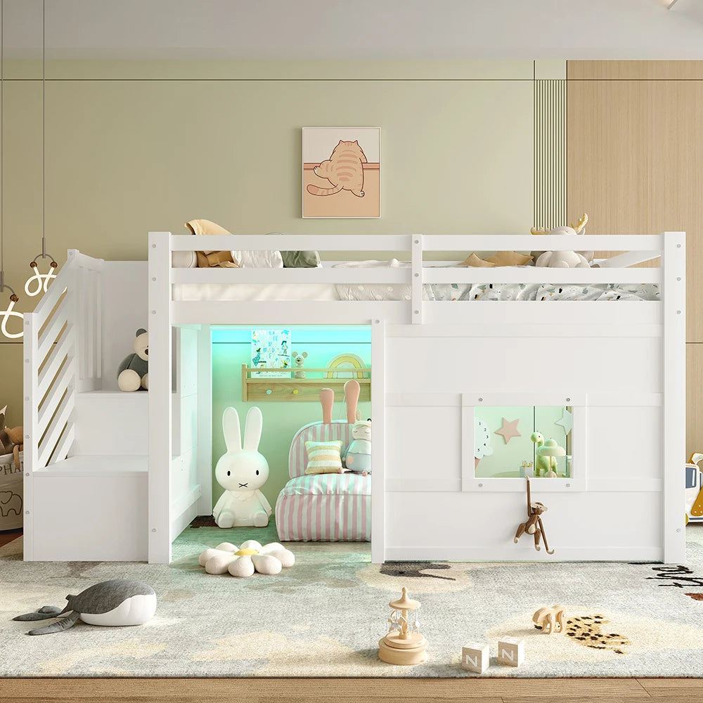 Platzsparendes Hochbett mit Treppe und Fenster 90x200 Lilla Kids