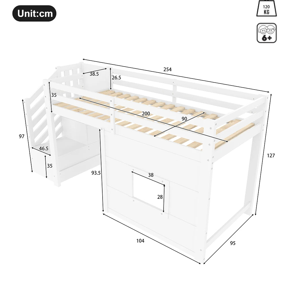 Platzsparendes Hochbett mit Treppe und Fenster 90x200 Lilla Kids