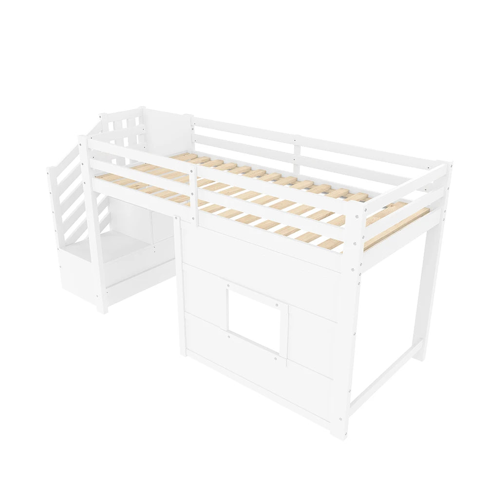 Platzsparendes Hochbett mit Treppe und Fenster 90x200 Lilla Kids