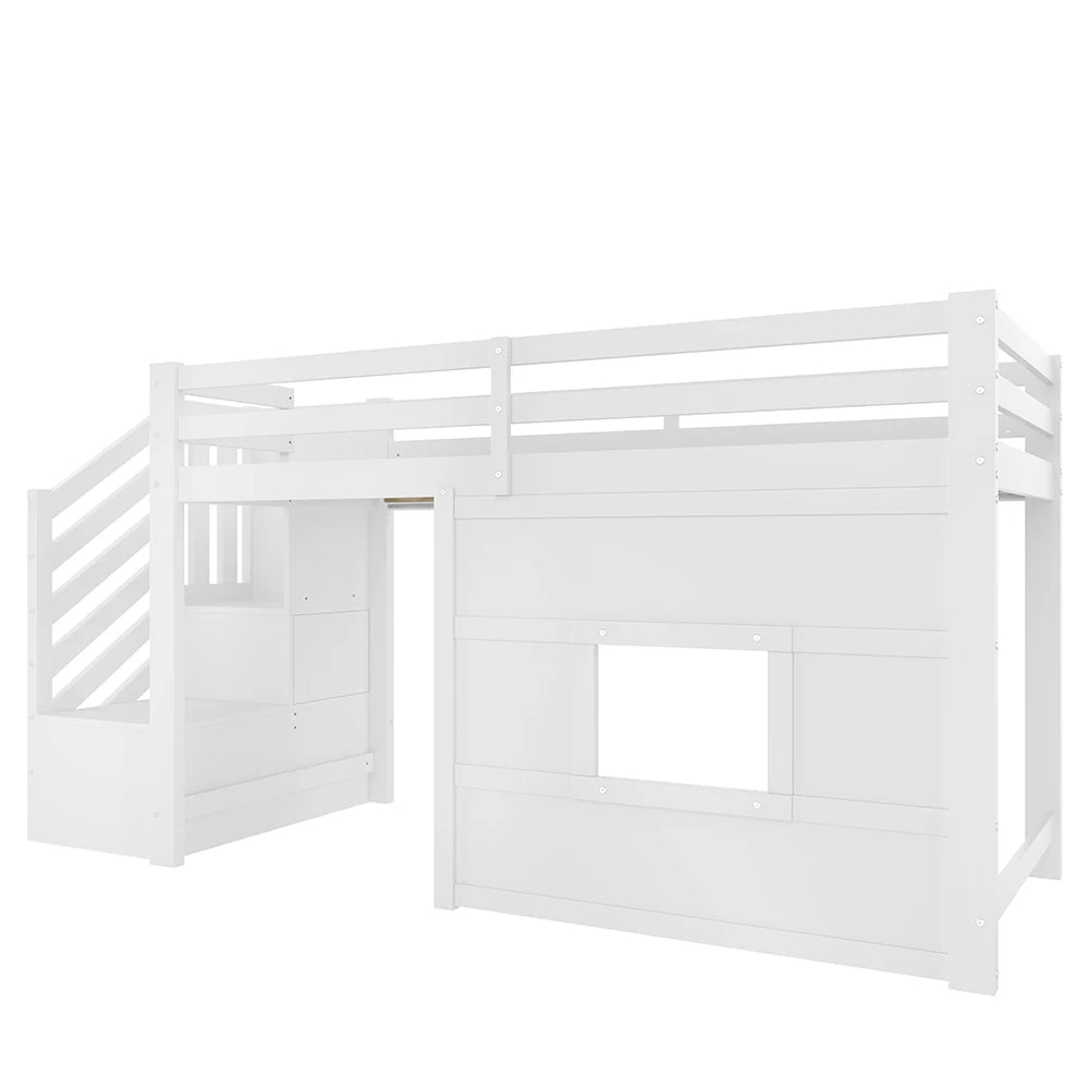 Platzsparendes Hochbett mit Treppe und Fenster 90x200 Lilla Kids