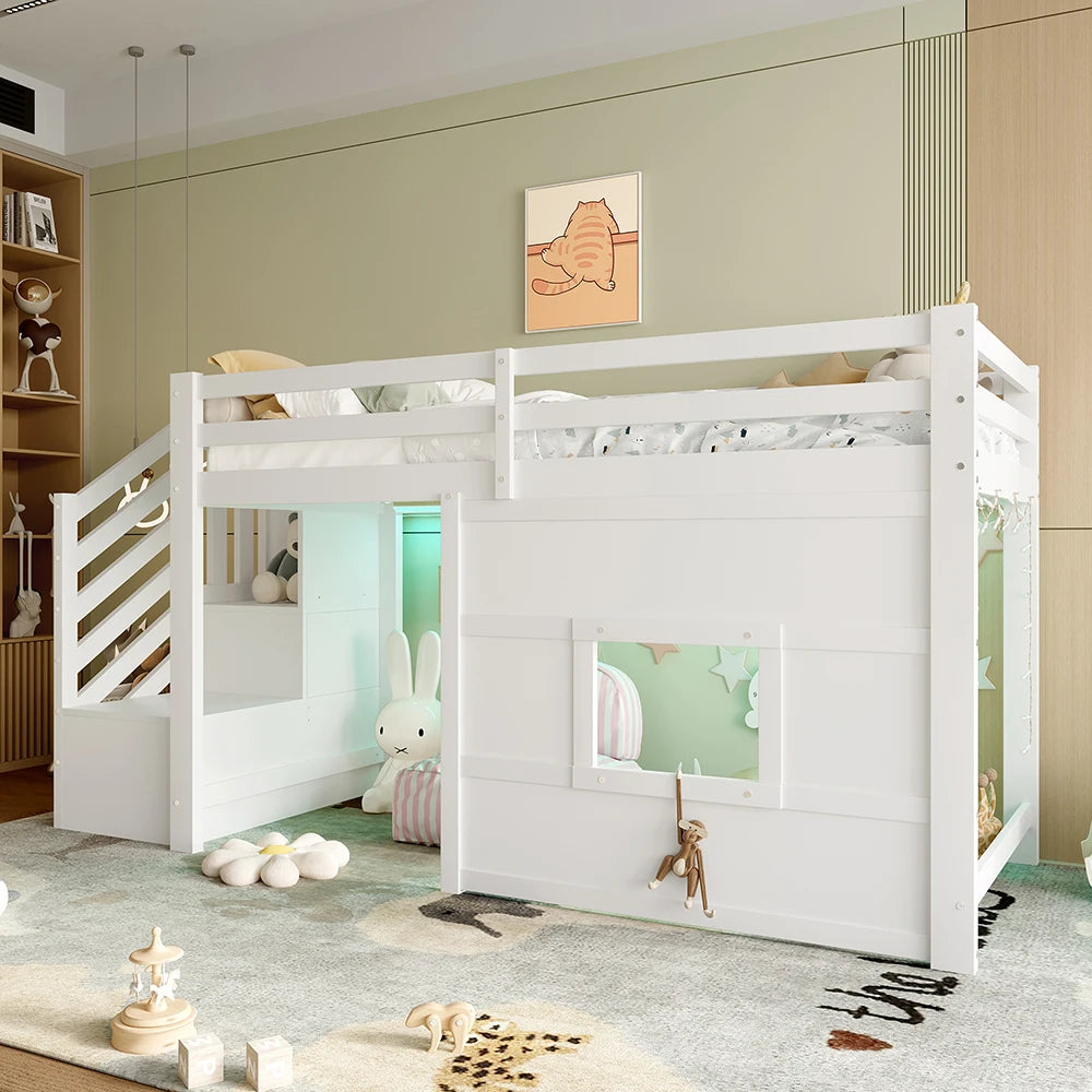 Platzsparendes Hochbett mit Treppe und Fenster 90x200 Lilla Kids
