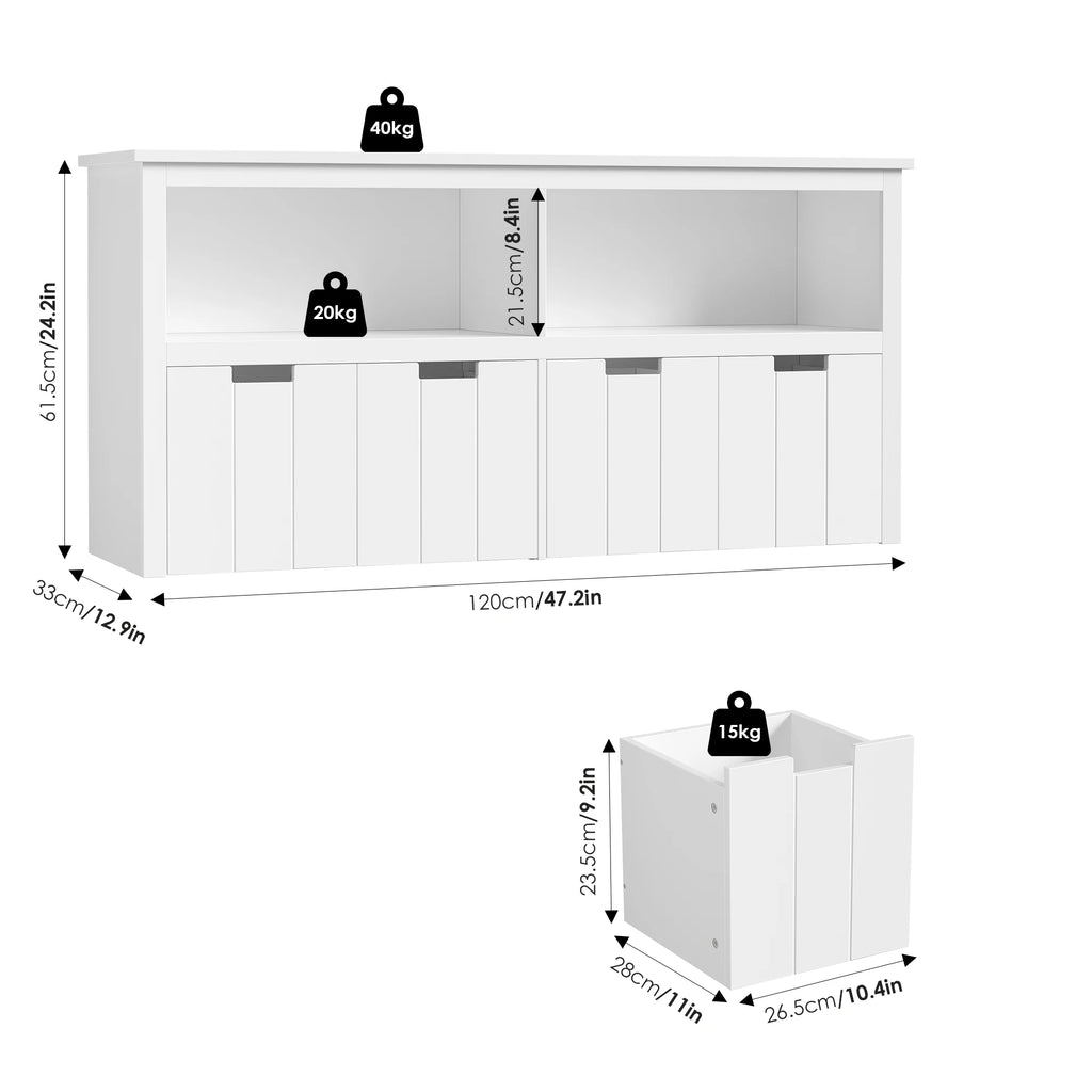 Spielzeugregal für Kinder mit 4 Rollboxen, 120 cm Lilla Kids