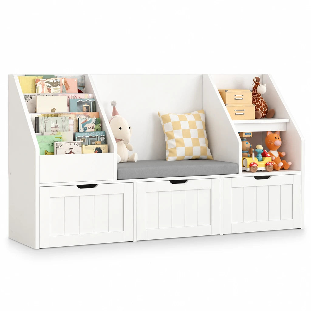 Spielzeugregal für Kinder mit Sitzbank und 3 Boxen, 140 cm Lilla Kids