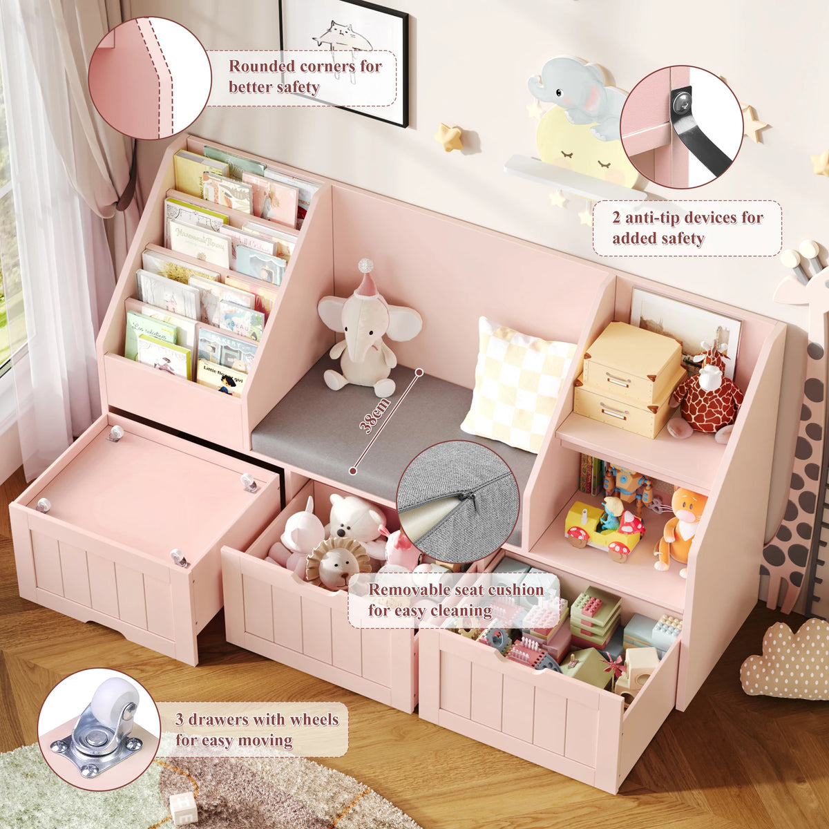 Spielzeugregal für Kinder mit Sitzbank und 3 Boxen, 140 cm Lilla Kids
