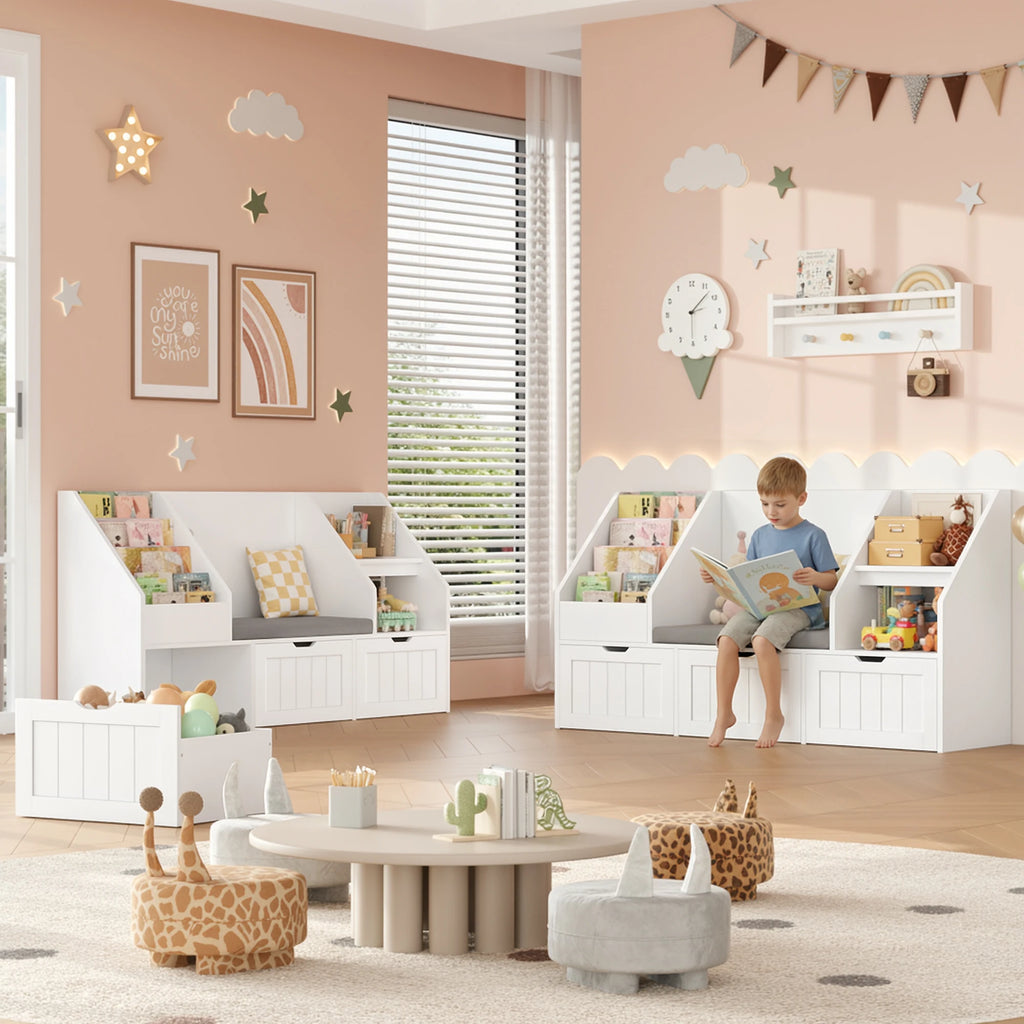 Spielzeugregal für Kinder mit Sitzbank und 3 Boxen, 140 cm Lilla Kids