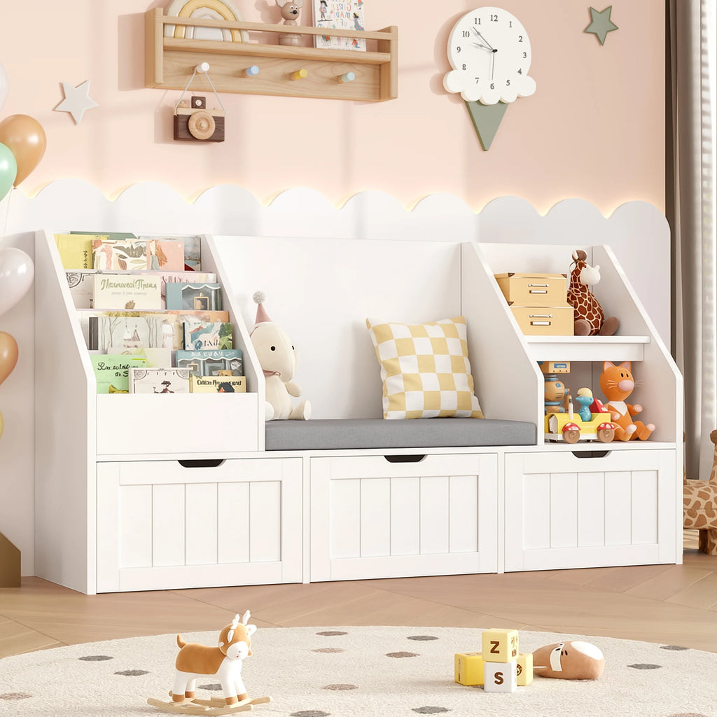 Spielzeugregal für Kinder mit Sitzbank und 3 Boxen, 140 cm Lilla Kids