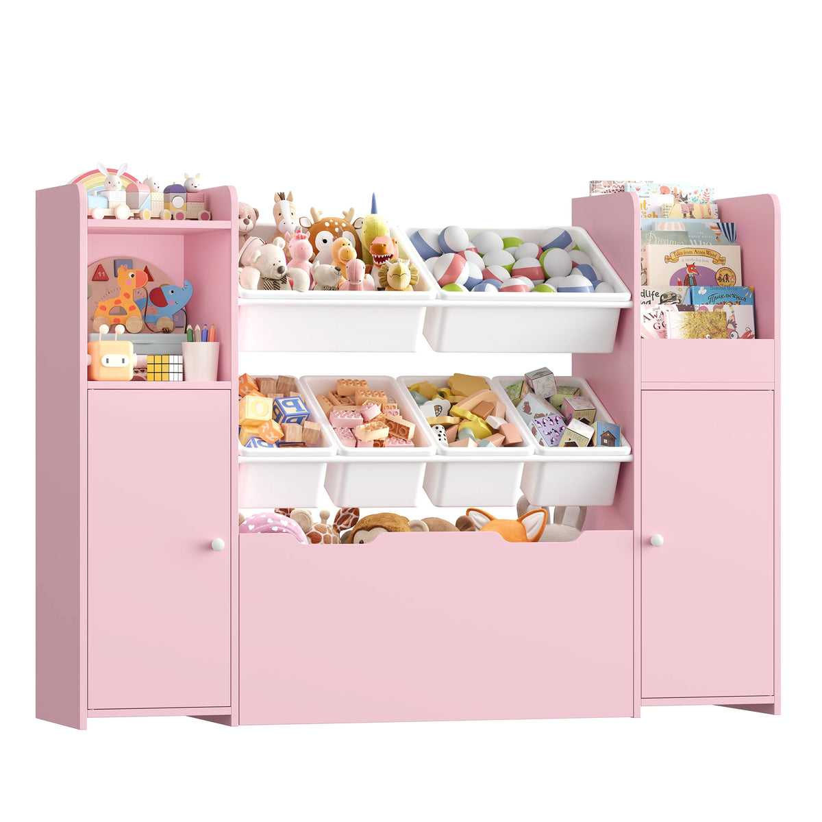 Spielzeugregal mit 6 Boxen, 2 Türen und Rollen, 138 cm Lilla Kids