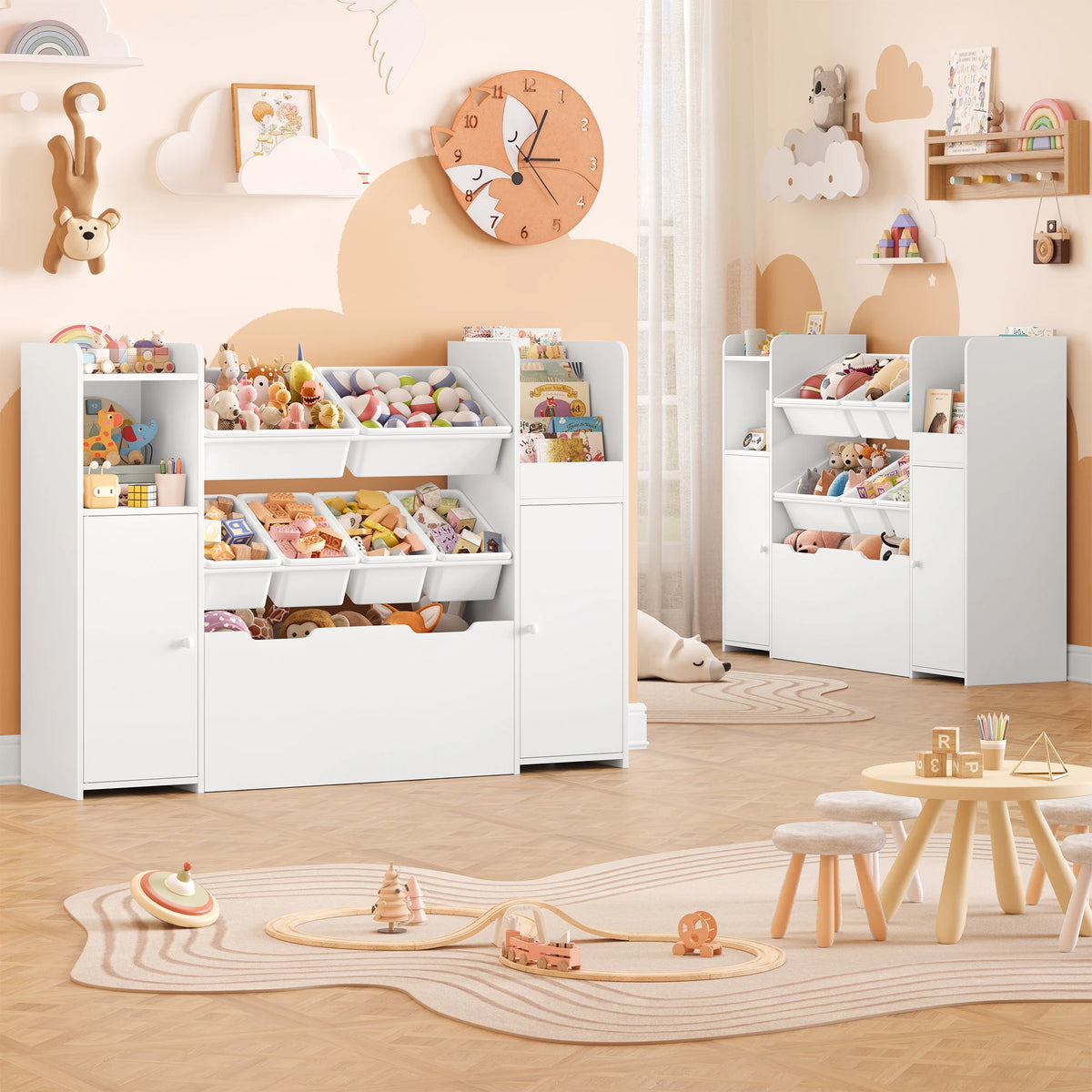 Spielzeugregal mit 6 Boxen, 2 Türen und Rollen, 138 cm Lilla Kids