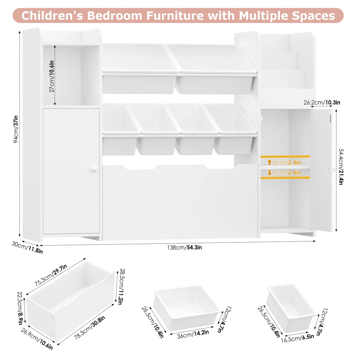 Spielzeugregal mit 6 Boxen, 2 Türen und Rollen, 138 cm Lilla Kids
