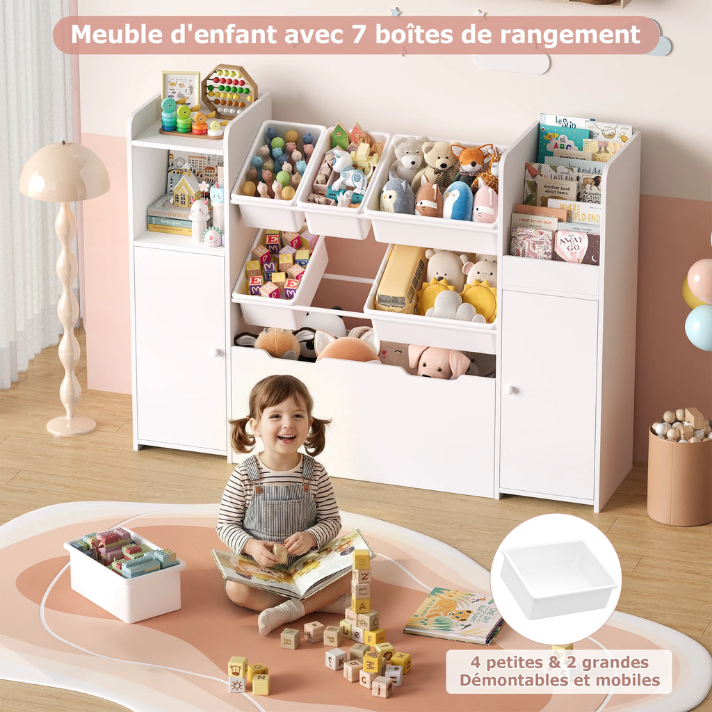 Spielzeugregal mit 6 Boxen, 2 Türen und Rollen, 138 cm Lilla Kids