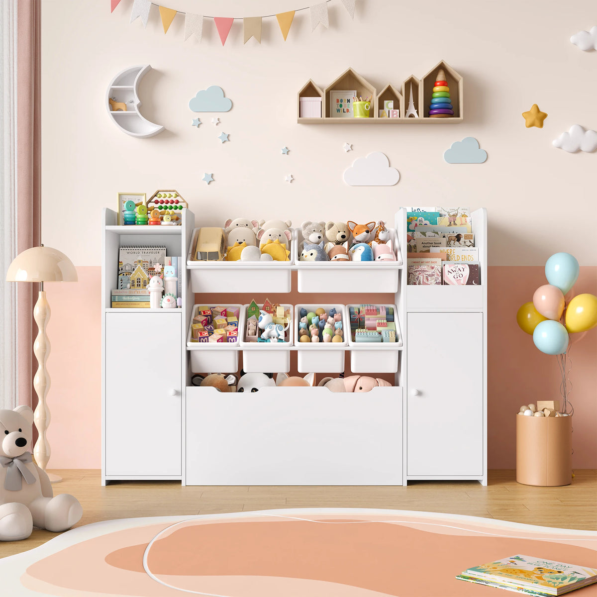 Spielzeugregal mit 6 Boxen, 2 Türen und Rollen, 138 cm Lilla Kids