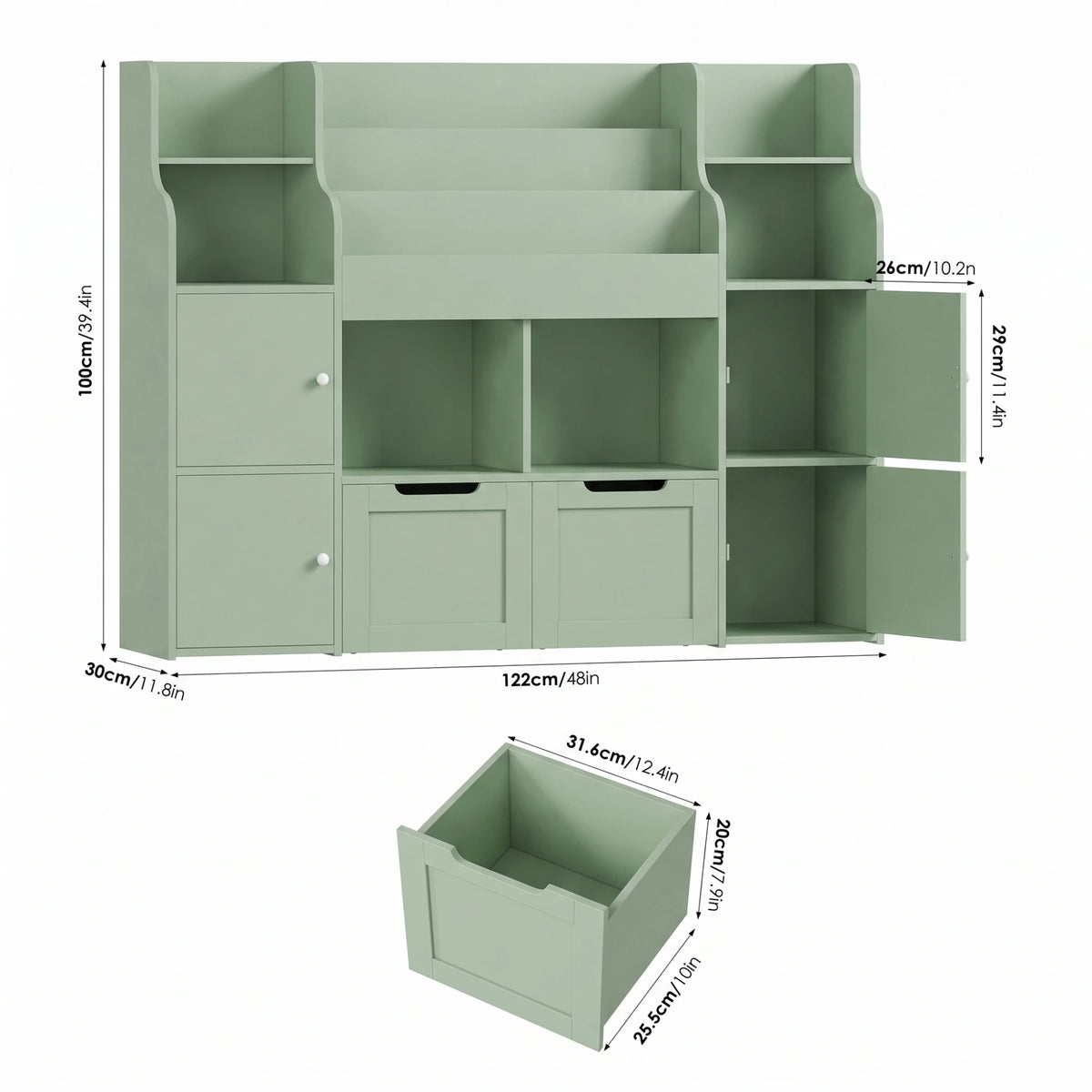 Spielzeugregal mit 8 Boxen, 4 Türen und Rollen, 122 cm Lilla Kids