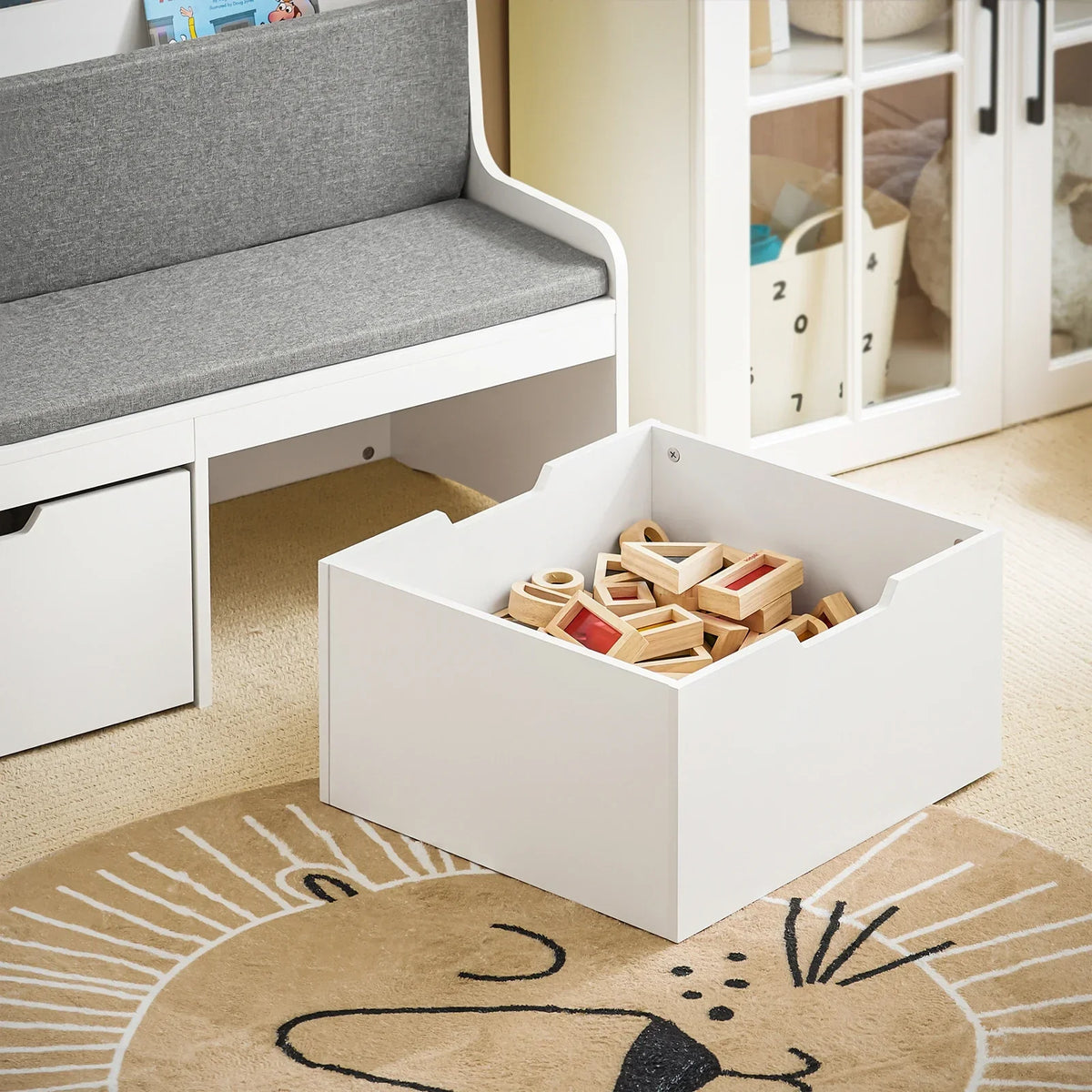 Weiße Kinder-Sitzbank mit Bücherregal und Stauraum Lilla Kids