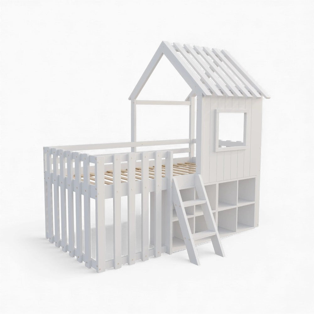 Weißes Hochbett-Hausbett mit Stauraum für Kinder Lilla Kids