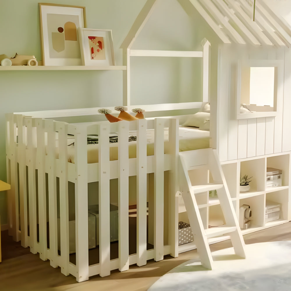 Weißes Hochbett-Hausbett mit Stauraum für Kinder Lilla Kids