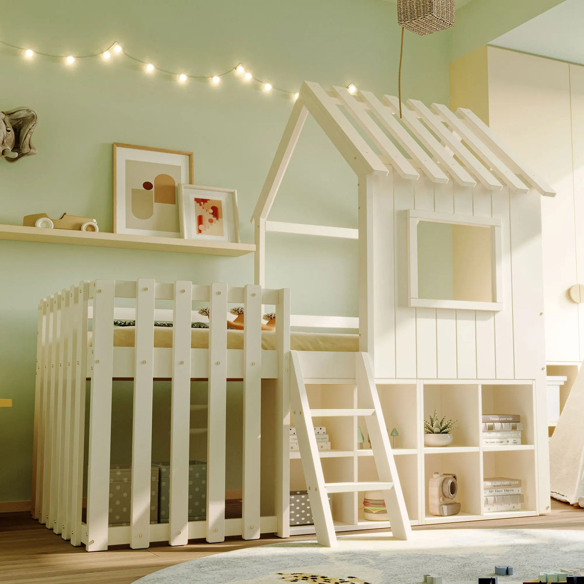 Weißes Hochbett-Hausbett mit Stauraum für Kinder Lilla Kids