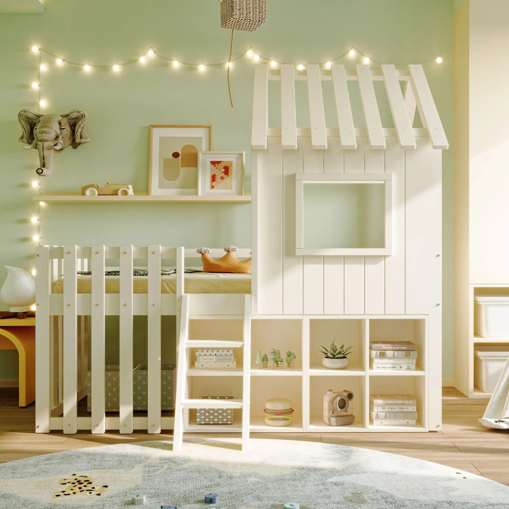 Weißes Hochbett-Hausbett mit Stauraum für Kinder Lilla Kids