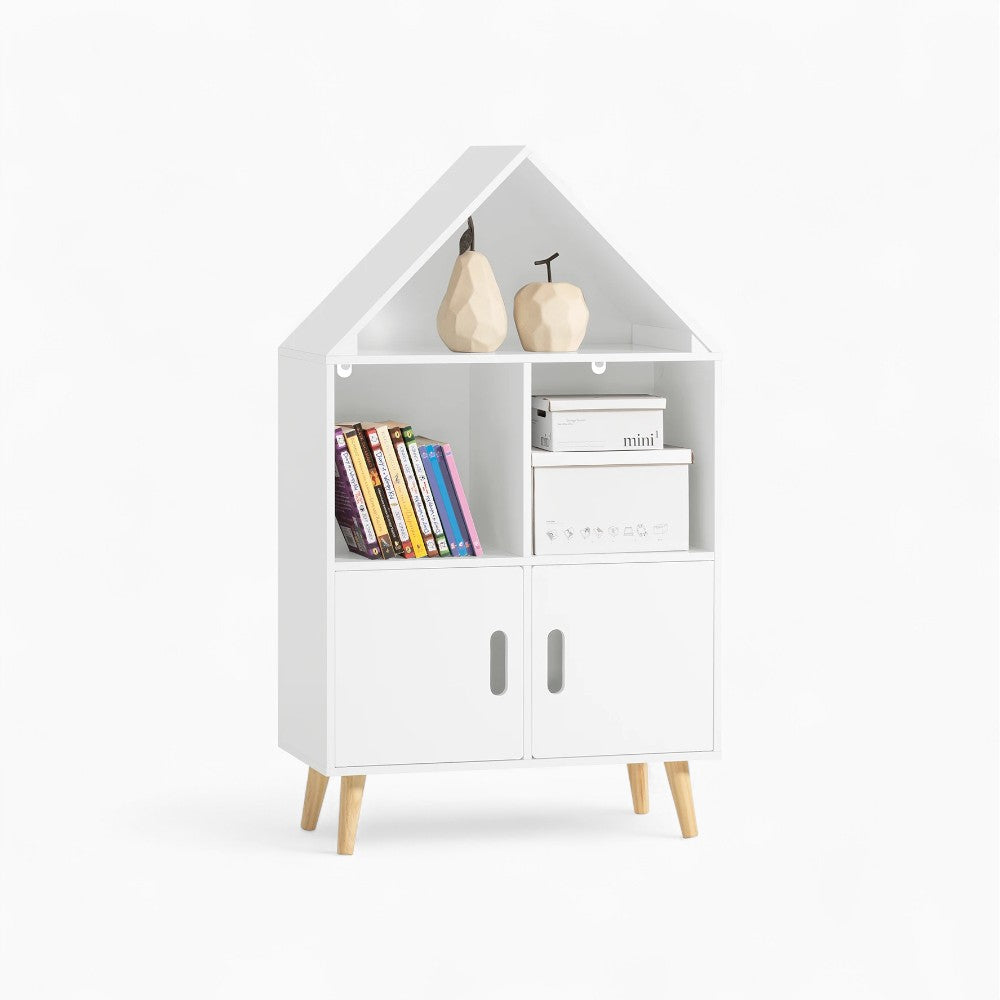 Weißes Kinderbücherregal in Hausform mit Füßen Lilla Kids