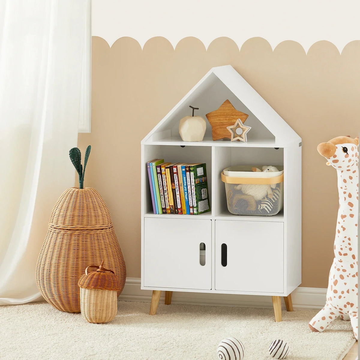 Weißes Kinderbücherregal in Hausform mit Füßen Lilla Kids
